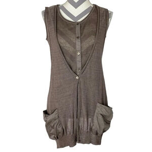 The Izzat Collection Vest Womens Small Taupe Sleeveless Double Cardigan Sweater